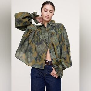 NWT Banana Republic Cotton Balloon-Sleeve Shirt Green Mums